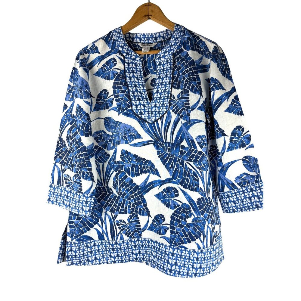 Beach Tommy Bahama Blue White Floral Print Linen 3/4 Sleeve Tunic Top Women's XS